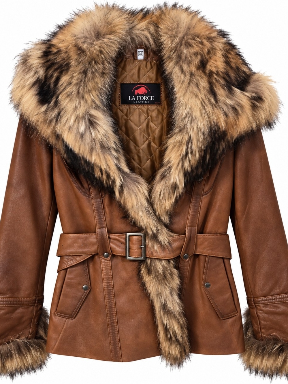 La Force Women's Brown & Black Fur-Collar Belted Jacket Like New